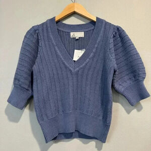 DH New York Sweater Top Short Puff Sleeve V Neck Casual S